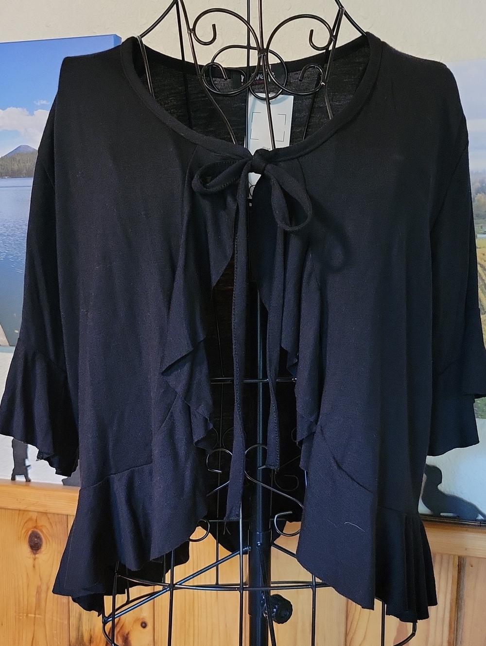 Women's Black Ruffle Tie-Front Shrug